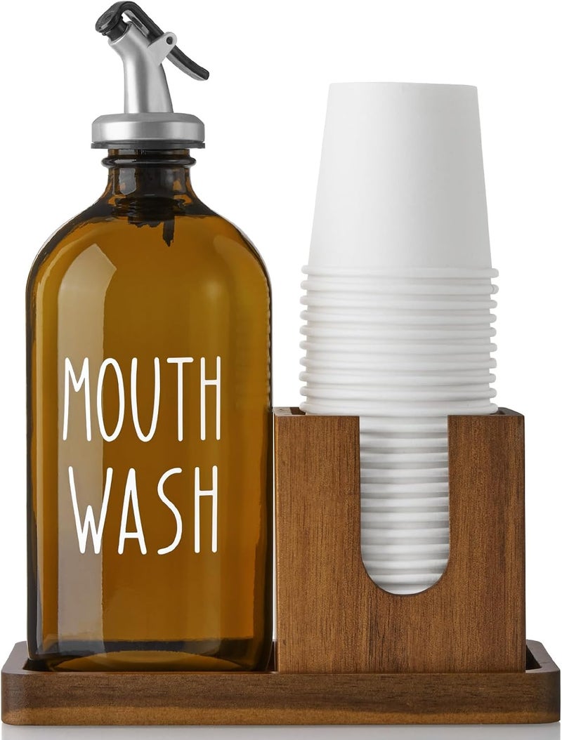 Bivvclaz Amber Glass Mouthwash Dispenser for Bathroom, 16 OZ Mouthwash Dispenser with Pour Spout and Acacia Wood Cup Holder and Tray, Mouth Wash Bottle Container for Kitchen Bathroom Decor and Accessories - Image 1